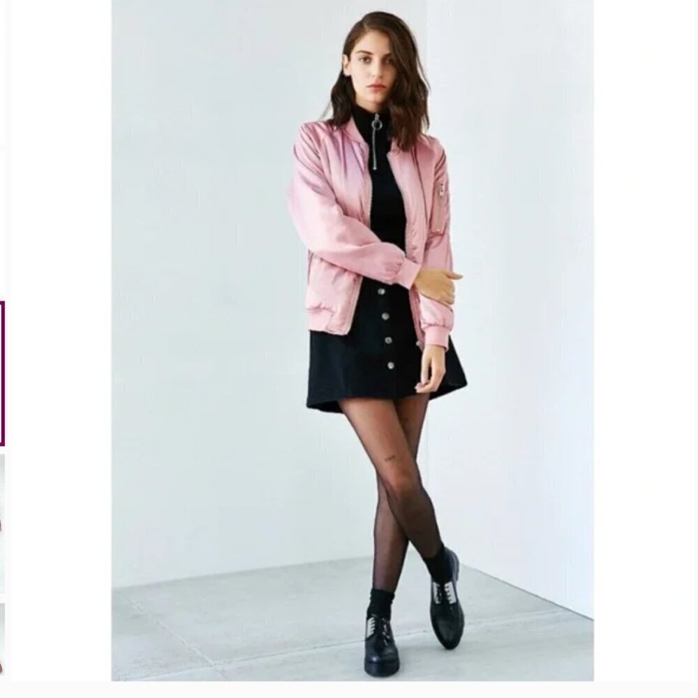 UNIF x UO Bomber Jacket Coat Satin Padded Pockets Full Zip Pink Size Medium
